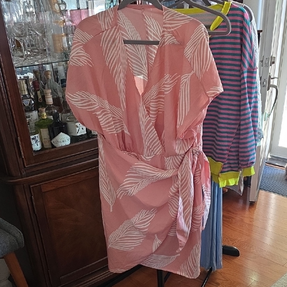 Pink Leaf Print Wrap Dress